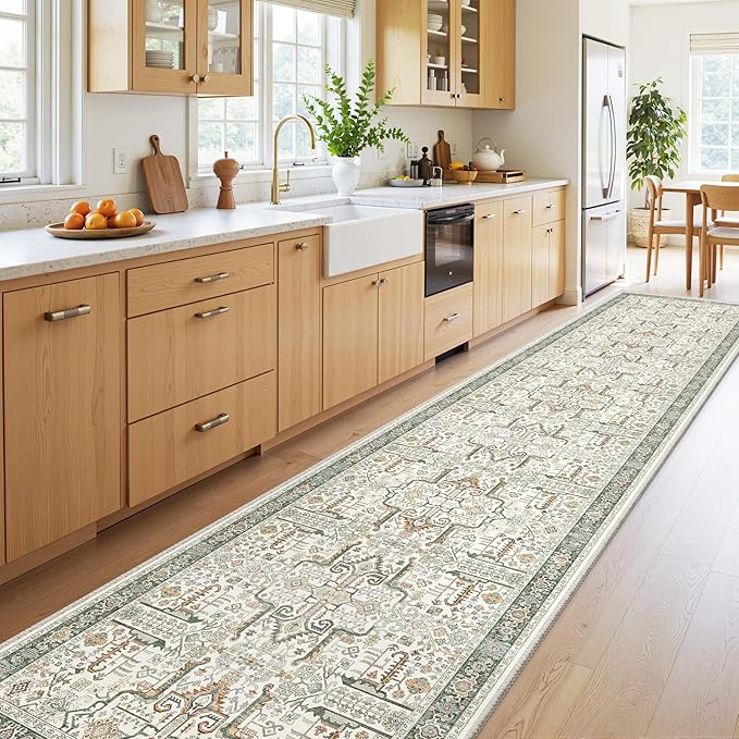 Hallway Washable Runner Rug 2x10 - Non Slip Vintage Kitchen Runner Rugs for Entryway Low-Pile Waterproof Long Runners for Living Room Bedroom Medallion Indoor Floor Mat for Bathroom Laundry Green