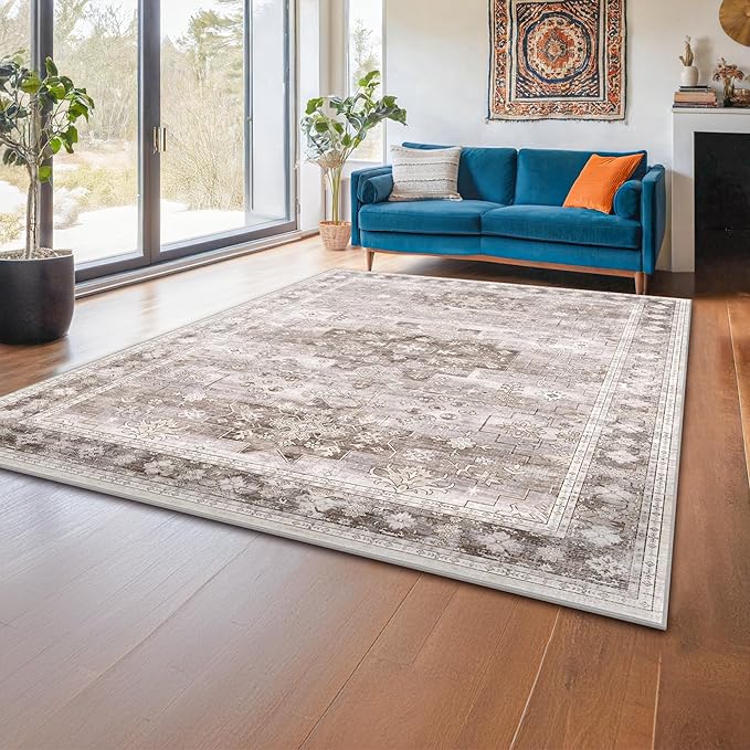 Hazo Haus Washable Neutral Farmhouse Bedroom Rug, 5x7 Area Rugs for Living Room, Nursery Room, Boho Vintage Floral Non-Slip Rug Low Pile Stain Resistant (5x7 Beige/Latte)