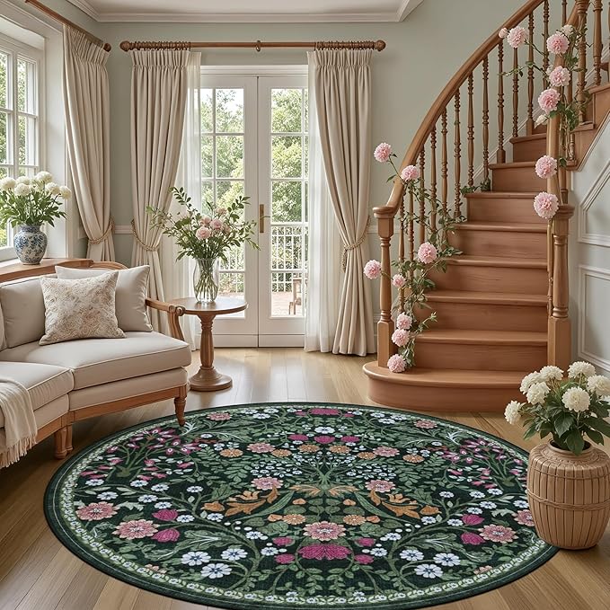 Round Area Rug for Living Room: 6 ft Floral Washable Circle Rug Soft Boho Non-Slip Carpet Indoor Stain Resistant Low Pile Small Circular Rug for Bedroom Entryway Kitchen Nursery Home Office Dark Green