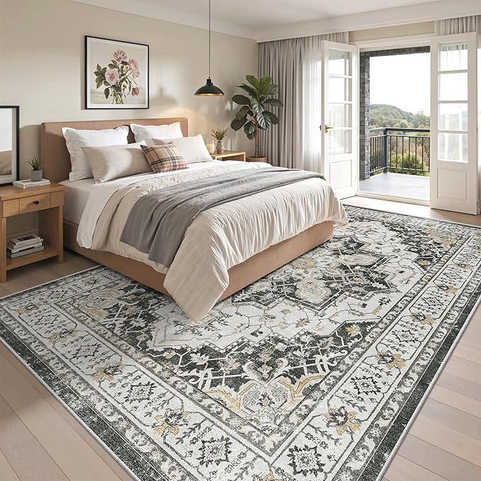Madane Washable Rug 8x10 Area Rugs for Living Room, Ultra-Thin Non-Slip Backing Rug, Stain Resistant Vintage Large Area Rug for Bedroom (Black, 8'x10')