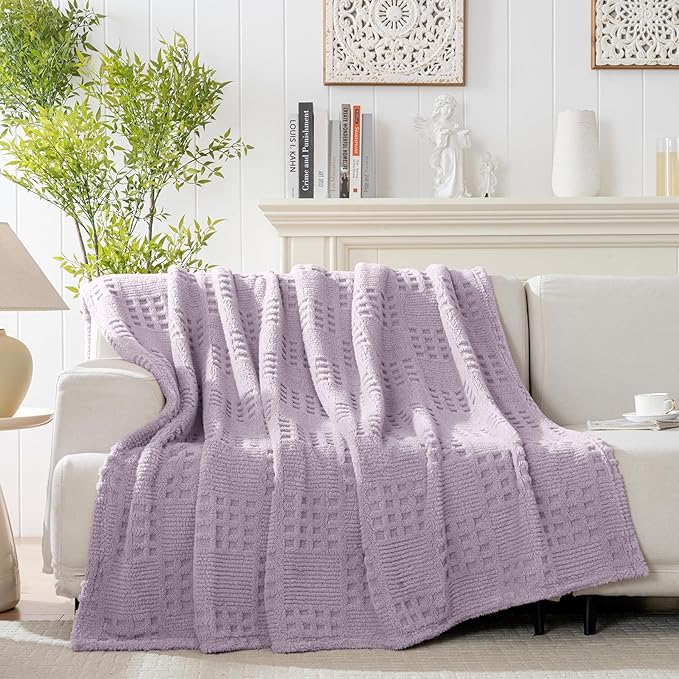 50x70 Inch Waffle Purple Throw Blanket -Fluffy Fleece, Neutral Tan Color, Cute & Aesthetic, Perfect for Sofa, Couch, Chair, Bed, Living Room & Bedroom, All-Season Use, Plush & Cozy Decorative Blanket
