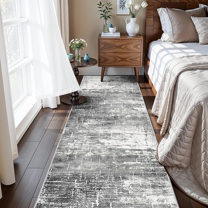 2x8 Washable Hallway Runner Rug: Abstract Stain Resistant Kitchen Rugs Farmhouse Ultra Soft Bathroom Bedroom Entryway Print Floor Mat Thin Non-Slip Indoor Carpet for Living Room Laudry(2x8,Black/Grey)