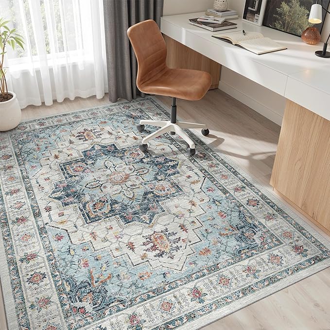 Madane 6x9 Area Rugs for Living Room, Stain Resistant Washable Rugs, Non-Slip Backing Area Rug, Vintage Home Decor Rug for Bedroom (Blue, 6'x9')