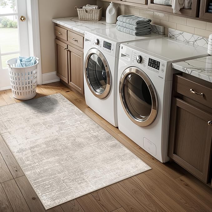 Washable 2x4 Entryway Area Rugs: Abstract Water Resistant Kitchen Sink Rug Non-Slip Durable Doormat Ultra Soft Living Room Bedroom Carpet Low Pile Floor Mat for Bathroom Dining Room(2x4,Beige/Cream)