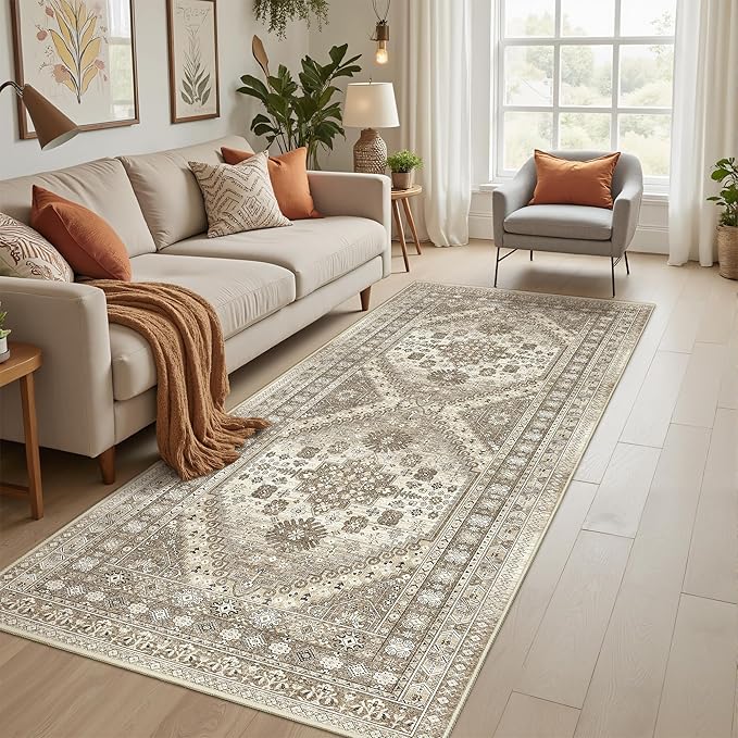 3x8 Runner Rug Non Slip Washable for Entryway, Front Porch, Vintage Hallway Runner for Laundry Room, Bedroom, Stain Resistant Thin Indoor Kitchen Mats for Floor(Brown,3'x8')