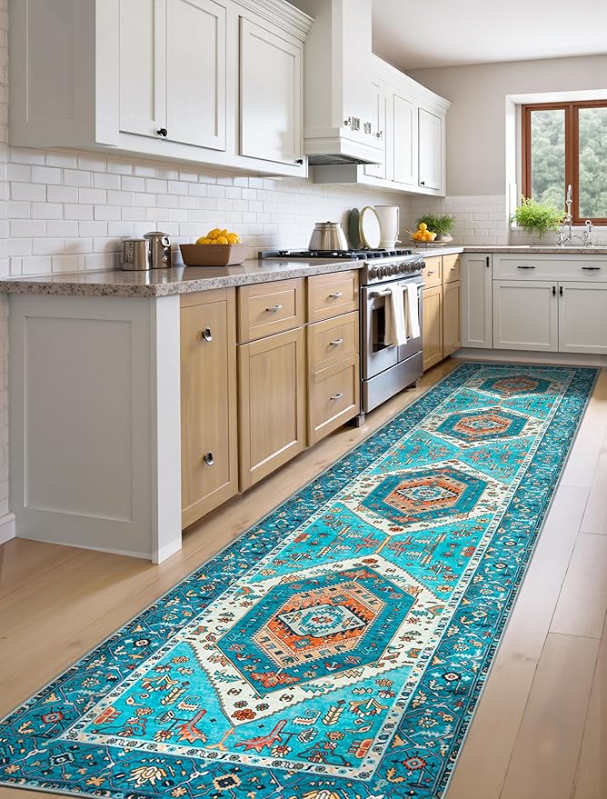 SERISSA Runner Rug for Hallways, 2'6"x12' Washable Non Slip Kitchen Runner Rug, Extra Long Boho Rug Ultra Soft Vintage Blue Print Floor Carpet for Bedroom Hallway Entryway Bathroom Laundry Room