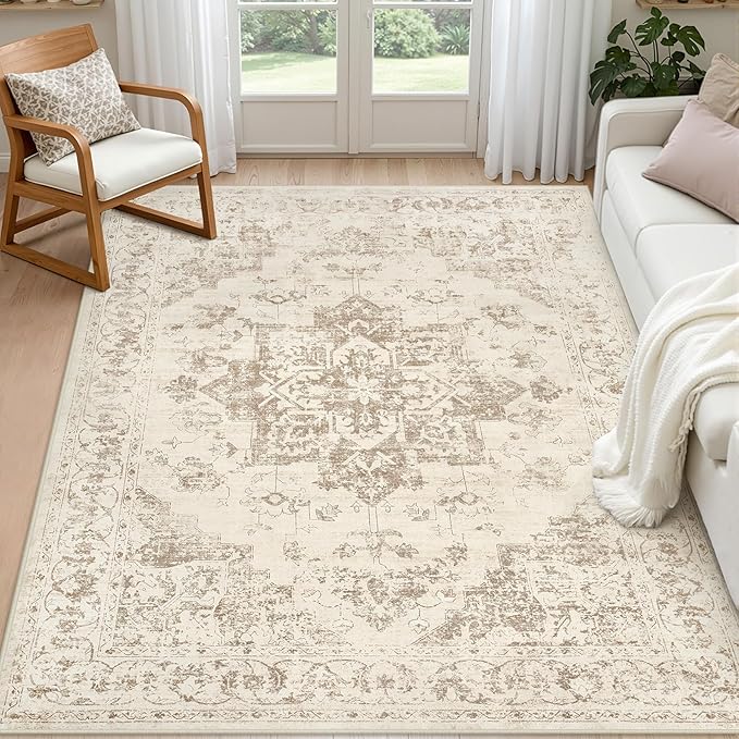 6x9 Area Rugs for Living Room: Vintage Boho Neutral Washable Rug Indoor Soft Large Area Rug Carpet for Bedroom Nursery Farmhouse Dining Room Office Floor Non-Slip Low Pile Under Table Rug Beige/Ivory