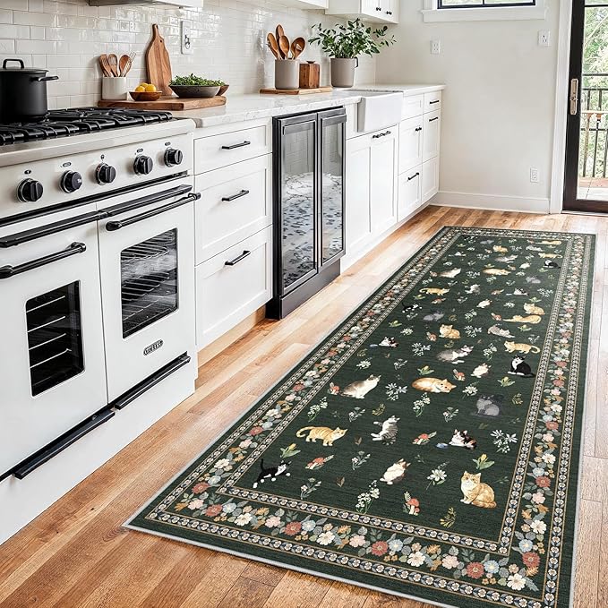 3x7 Washable Kitchen Runner Rug - Soft Low Pile Floral Animal Cat Print Rugs with Non-Slip Backing Waterproof Stain-Resistant Indoor Carpet for Hallway Entryway Bathroom Bedroom (Sage Green)