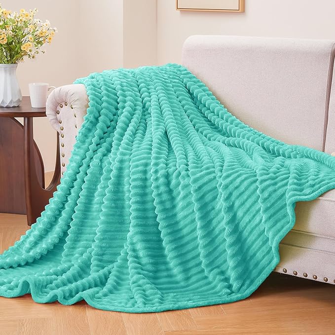 BEDELITE Fleece Blanket Twin Size – 3D Ribbed Jacquard Soft and Warm Decorative Fuzzy Blankets – Cozy, Fluffy, Plush Lightweight Throw Blankets for Couch, Bed, Sofa(Aqua, 60x80 inches)