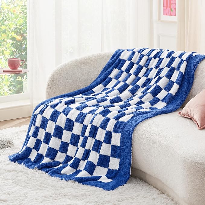 Bedsure Gentlesoft Checkered Twin Blanket for Couch - Soft Cozy & Warm Knit Navy Blue Throw Blanket, Breathable, Lightweight & Fluffy Plaid Blankets for Bed & Sofa, Gifts for Women Men, 60x80 Inches