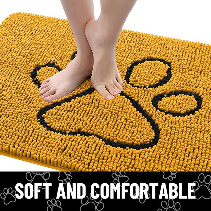 Smiry Dog Door Mat for Muddy Paws, Absorbent Dirt Trapper Non Slip Quick Dry Washable Chenille Mat for Mud Dogs, Entry Rug for Indoor and Outdoor (30x20 Inches, Golden Yellow and Black)
