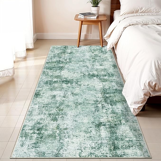 3x6 Washable Entryway Runner Rug: Non Slip Wide Hallway Runners Easy-to-Clean - Soft Living Room Bedroom Kitchen Carpet - Thin Low Pile Printed Floor Mat for Dining Room Green