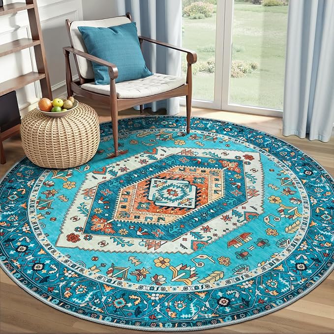 SERISSA Boho Round Area Rug, 4ft Washable Non-Slip Circle Rug, Ultra Soft Oriental Vintage Blue Low-Pile Small Circular Carpet for Bedroom Entryway Kids Room Office College Dorm Living Room