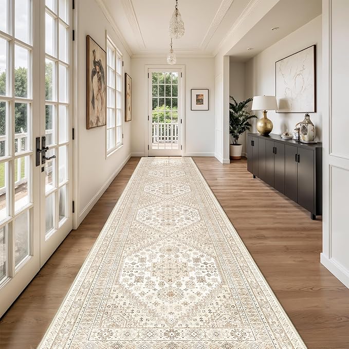 Washable Runner Rug 2.5x14, Non-Slip Long Kitchen Mats for Floor, Vintage Rug for Entryway, Soft Hallway Runner for Dining Room, Bedroom, Living Room(Cream/Beige,2.5'x14')