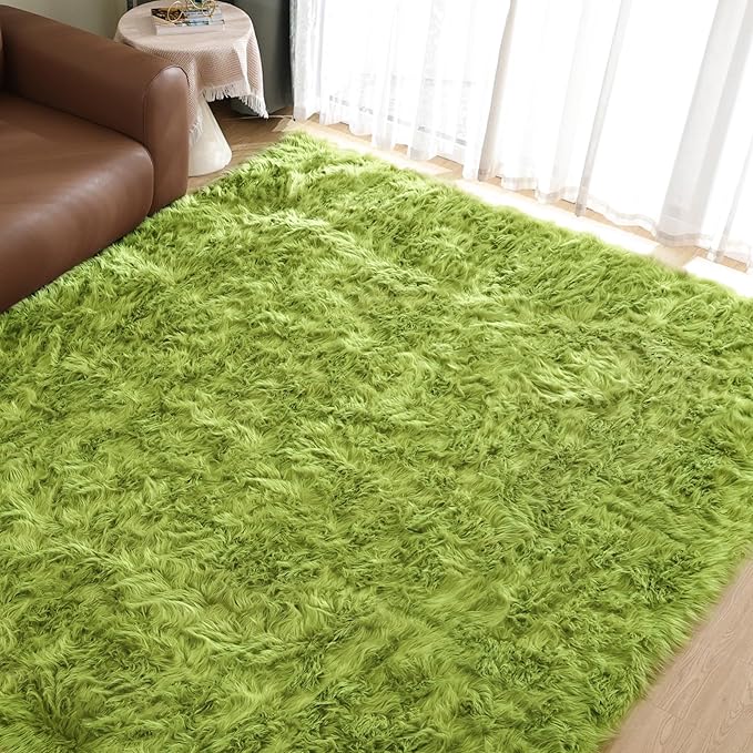 Goolela Lime Green Area Rug 9x12 Fluffy Fuzzy Furry Rug for Bedroom Living Room Shaggy Faux Sheepskin Fur Soft Rectangle