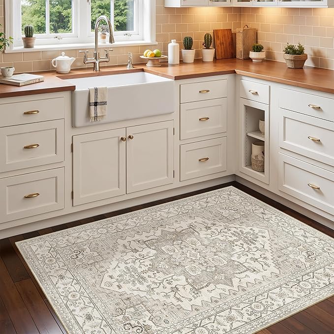 Madane Washable Entry Rug 3x4, Area Rugs for Entryway Kitchen Bathroom Door Mat Indoor Entrance, Vintage Floral Print Office Runner with Non Slip Rubber Backing, Beige/Brown