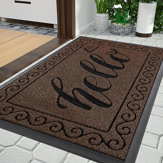 Yimobra Welcome Mats for Front Door 29.5x17, Heavy Duty Waterproof Outdoor Door Mat Outside Entrance, Non-Slip Low Profile Indoor Entryway Mat for Garage Patio, Coffee
