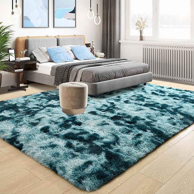 Tepook Fluffy Large Rugs for Living Room, Area Rug 6x9 Soft Carpet for Bedroom, Modern Shaggy Rug for Kids Boys Girls, Plush Indoor Nursery Home Decor Rug with Non-Slip Bottom, Peacock Blue