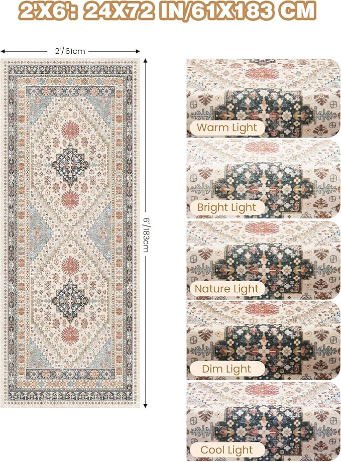 Runner Rug 2x6, Non Slip Washable Rugs for Laundry Room, Runners for Hallways, Low Pile Vintage Soft Rugs for Living Room, Kitchen Bathroom,Bedroom Rug(Blue/Red/Multi,2'x6')