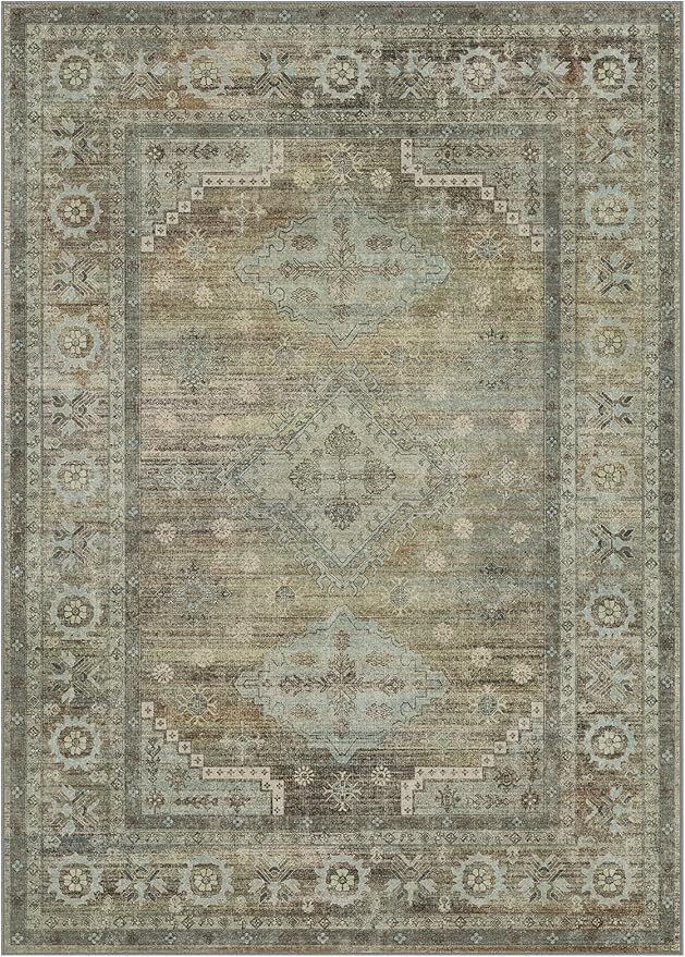 BEIMO Area Rugs 5x7 for Living Room Bedroom, Modern Boho Machine Washable Large Distressed Light Greyish Sage Green Rug, Low Pile Floor Carpet with Non Slip Backing for Dining Room