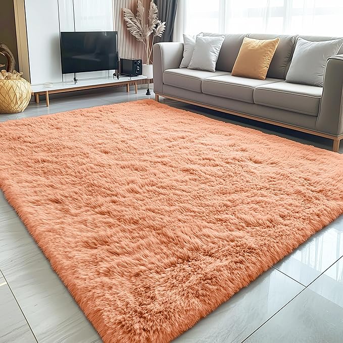 OLANLY 5x8 Machine Washable Large Area Rugs for Living Room, Bedroom, Soft Fluffy Shaggy Bedside Rug, Indoor Floor Carpet for Kids Girls and Boys, Dorms, Nursery, Home Decor Aesthetic, Muted Orange