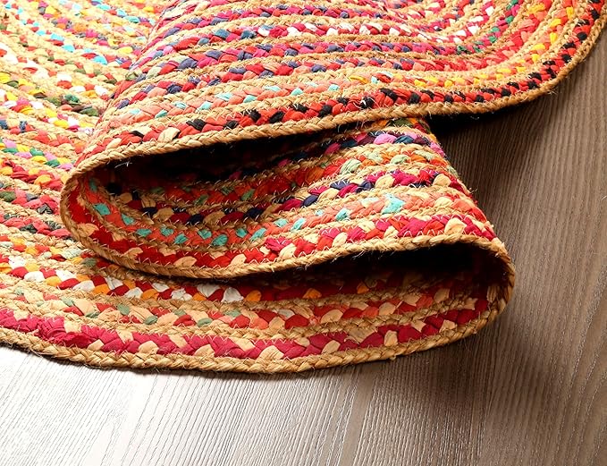 Hausattire Bohemian Braided Rug 3' Round - Multi Color, Small Farmhouse Jute Cotton Area Rag Rugs for Kids Bedroom, Playroom | Colorful Circle Hand Woven Cute Accent Mat