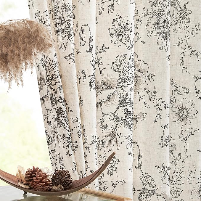 jinchan Pinch Pleated Curtains Floral Linen Blend Curtains for Living Room 96 Inches Length Black Peony Flower Printed Curtain Rod Pocket Back Tab Farmhouse Pinch Pleat Drapes with Hooks Set 2 Panels