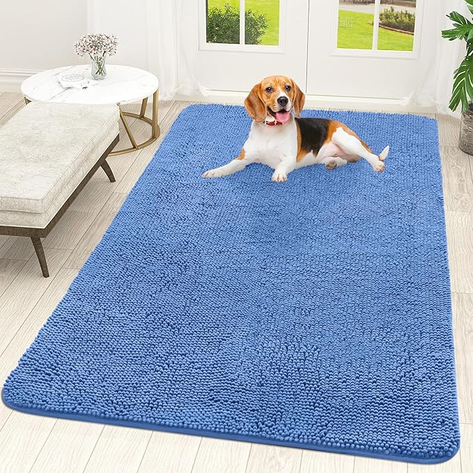 OLANLY Dog Door Mat for Muddy Paws 59x35, Absorbs Moisture and Dirt, Absorbent Non-Slip Washable Doormat, Quick Dry Chenille Mud Mat, Entry Indoor Entryway Carpet for Inside Floor, Cornflower Blue