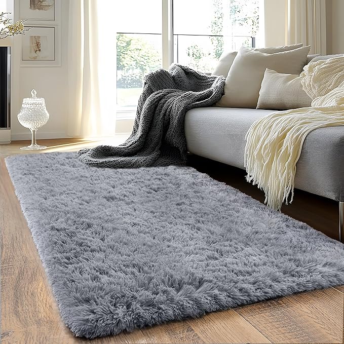 Runner Rugs for Bedroom 2x6 Rug Runners for Hallways Non Slip Soft Shag Bedside Rug, Fluffy Area Rug Throw Rugs for Living Room, Floor Carpet Runner for Nursery Kids Dorm, Grey