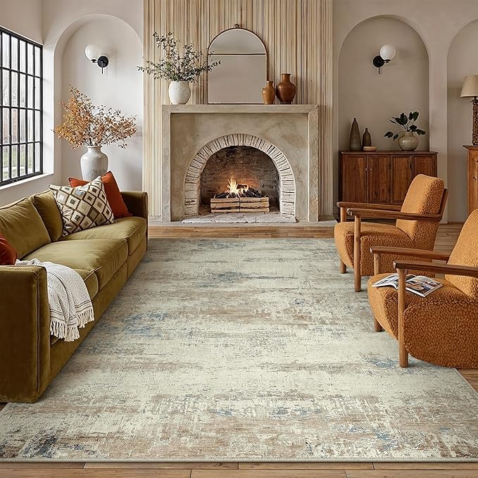 6x9 Area Rug Washable Beige Brown Abstract Living Room Carpet Non Slip Modern Neutral Soft Low Pile Contemporary Aesthetic Bedroom Large Rug Indoor Office Dining Room Playroom