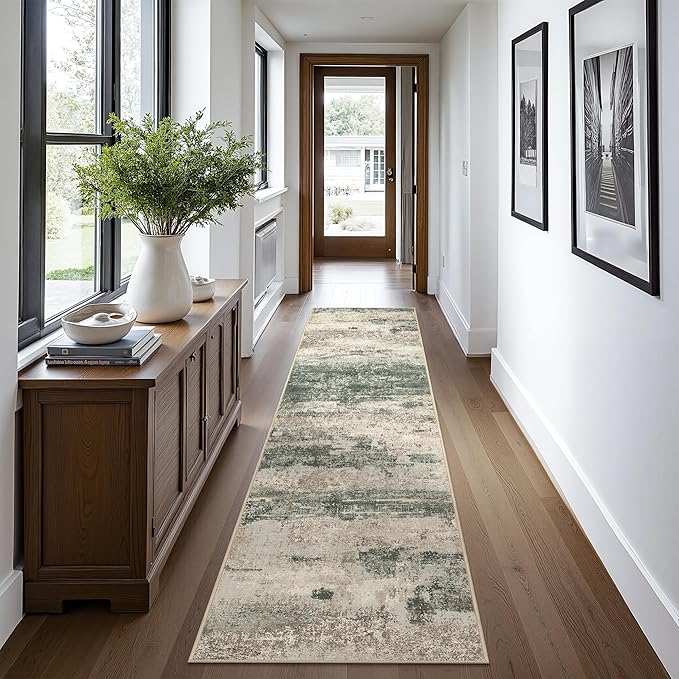Runner Rug for Hallway Kitchen, 2x10 Machine Washable Runners Rug for Entryway, Soft Modern Abstract Throw Rugs, Low Pile Floor Cover with Non Slip Backing, Grey/Dark Green
