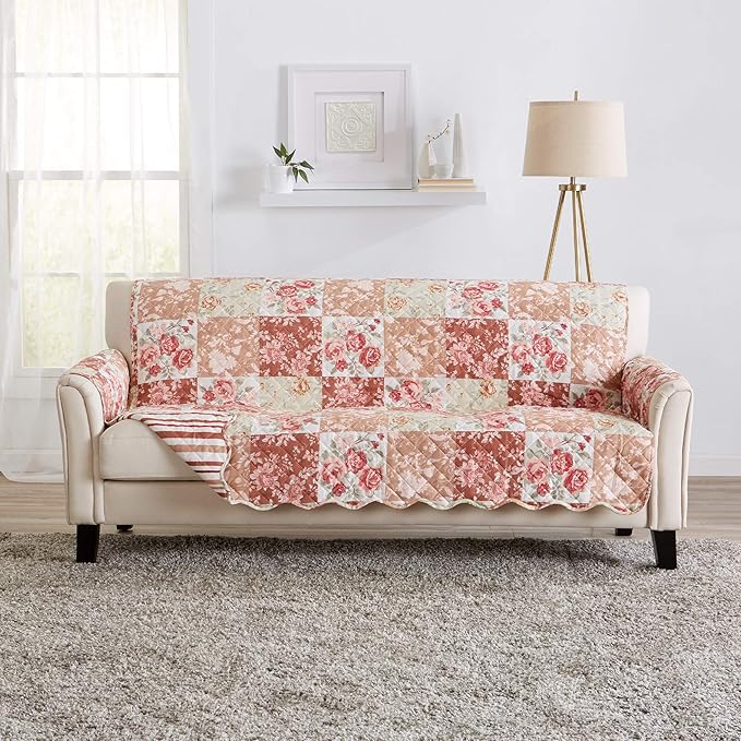 Great Bay Home Reversible Floral Patchwork Sofa Furniture Protector - Machine Washable, Scalloped Edge, Stain Resistant, Printed Furniture Cover for Dogs, Kids, and Pets (Burgundy/Taupe)