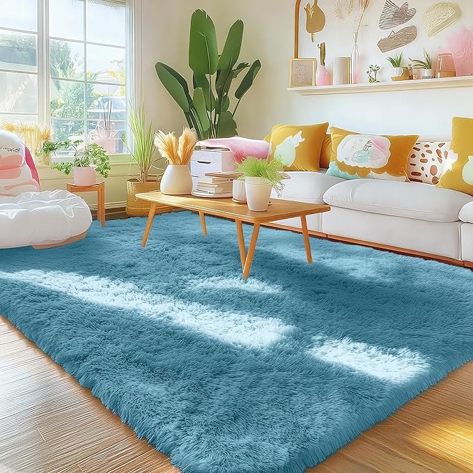 OLANLY Area Rugs for Living Room Bedroom, Machine Washable 4x5.9 ft Soft Fluffy Shaggy Bedside Rug, Indoor Floor Carpet for Kids Girls and Boys, Dorms, Nursery Rooms, Home Decor Aesthetic, Slate Blue