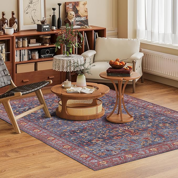 Washable Area Rug 6' x 9' Vintage Traditional Persian Mat - Foldable Distressed Non-Slip Machine Washable Carpet for Living Room Bedroom Kitchen Home Decor - Indigo and Crimson