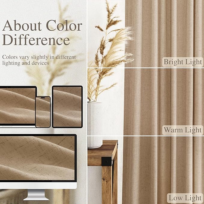 Nanspring Sand Beige Curtains 102 Inches Long for Living Room Bedroom Linen Light Filtering Simple Modern Curtains Back Tab Privacy Semi Sheer Curtain for Dinner Room Office 52x102, 2 Panels