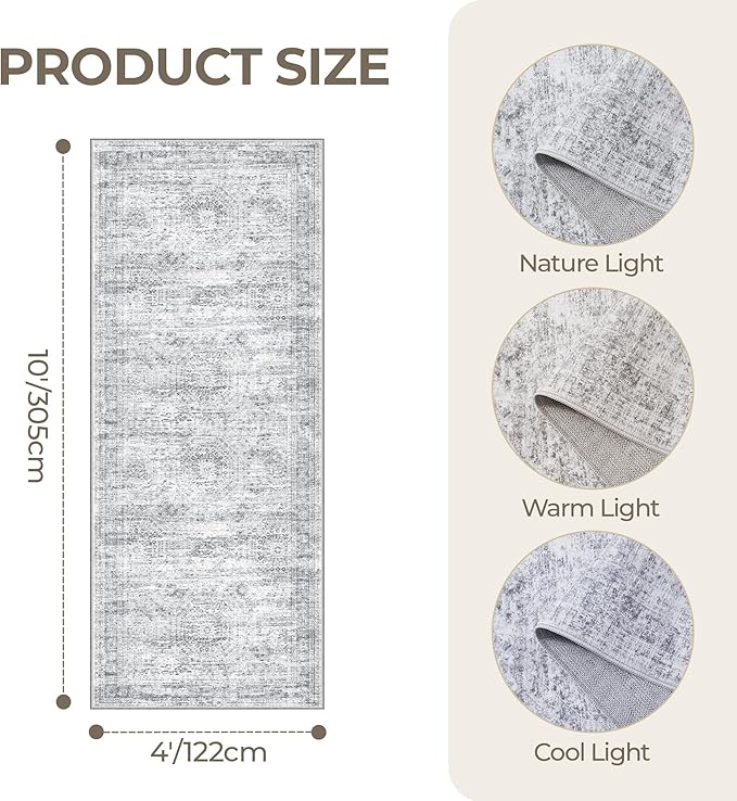 4x10 Runner Rug, Washable Hallway Runner Rug with Non-Slip Backing, Low Pile Wide Runner for Living Room, Entryway, Kitchen, Soft Modern Home Decor Mat for Dining Room(4'x10', Grey/Ivory)