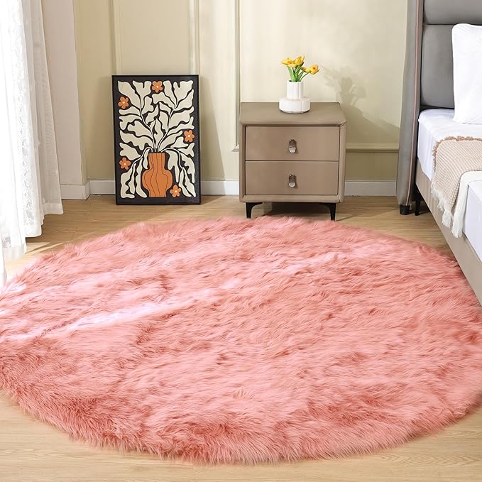 ORINOVA Pink Plush Round Rugs 6ft Large Washable Faux Fur Area Rugs for Living Room Boho Circle Fluffy Sheepskin Fur Rug for Nursery