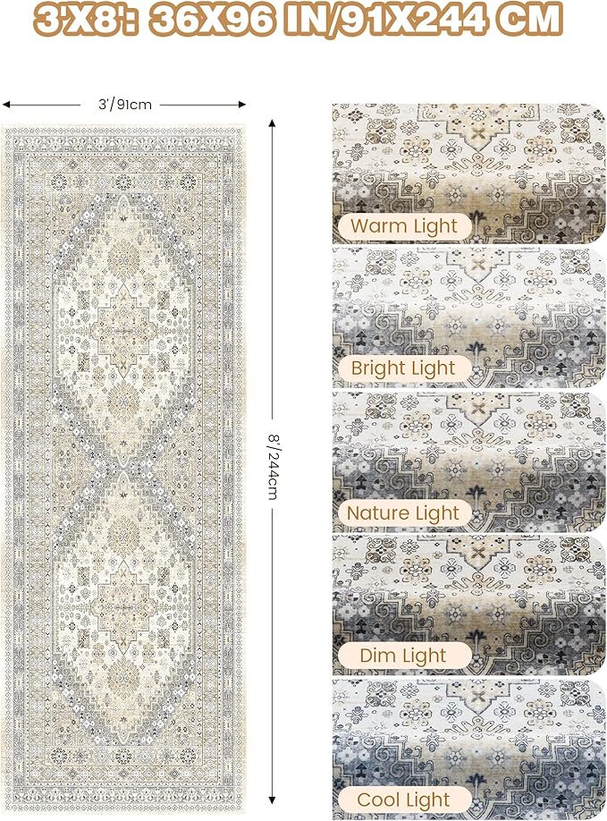 3x8 Runner Rug Non Slip Washable for Entryway, Front Porch, Vintage Hallway Runner for Laundry Room, Bedroom, Stain Resistant Thin Indoor Kitchen Mats for Floor(Beige,3'x8')