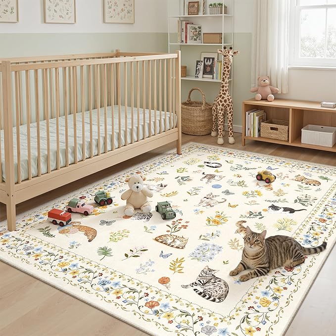 Cat 5x7 Area Rugs for Living Room, Machine Washable Animal Floral Vintage Rug Non-Slip Low Pile Soft Throw Rugs for Kitchen Dining Room Bedroom Nursery Playroom (5 x 7,Beige)