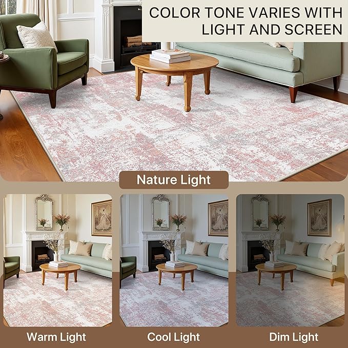 Area Rugs 5x7 for Living Room Bedroom, Modern Abstract Machine Washable Rug, Large Soft Low Pile Floor Carpet with Non Slip Backing for Dining Room, Pink/Grey