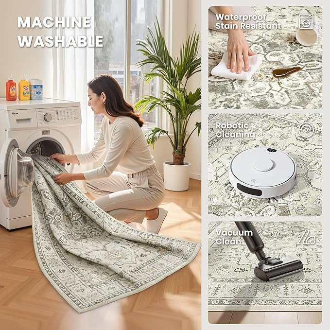 zesthome Washable Rug 6x9 Area Rugs,Stain Resistant Rugs for Living Room,Bedroom,Non-Slip Backing Home Decor Rug, Vintage Medallion Pattern Rugs (Beige,6'x9')