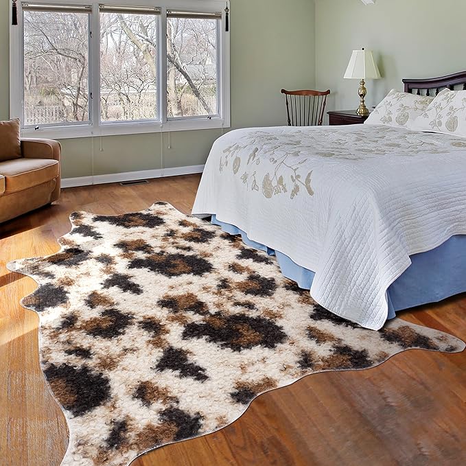 Faux Fur Cowhide Rug: Fluffy Cow Print 5.2x7 Feet Washable Cow Hide Rug for Living Room Bedroom Animal Print Skin Rustic Western Décor Black and Brown