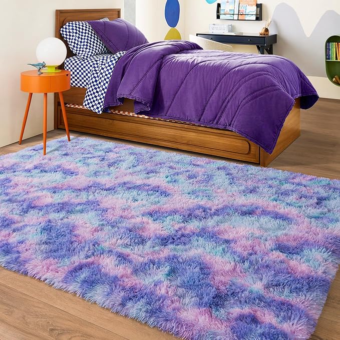 Rugs for Bedroom 4x6, Soft Shaggy Modern Shag Area Rug for Living Room, Upgrade Non-Slip Plush Fluffy Carpet for Kids Boys Girls Room Home Decor Aesthetic, Rainbow Purple