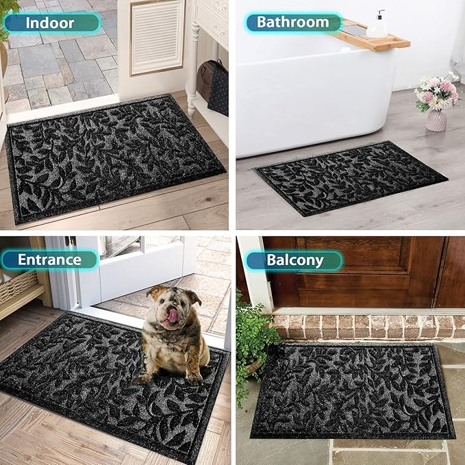 Bulijojo Sturdy Front Entrance Doormats,Durable Heavy Duty Welcome Mat,Thick Absorbent Natural Rubber Non Slip Mat,Easy Clean Entryway Mat 17x30 Inch Leaves Black