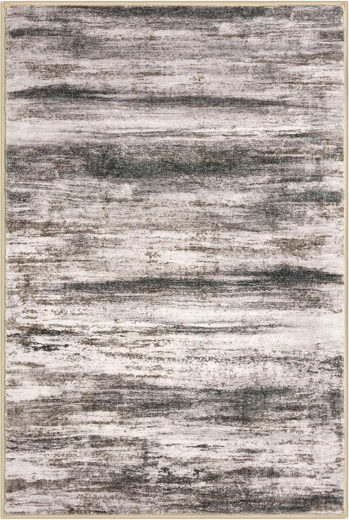 KOZYFLY Small Area Rug 2x3 Rug Entryway Rugs Modern Abstract, Washable Kitchen Rug Non-Slip Soft Rug, Black Brown Striped Entryway Rugs Abstract Print Faux Wool Doormat for Bedside Entrance