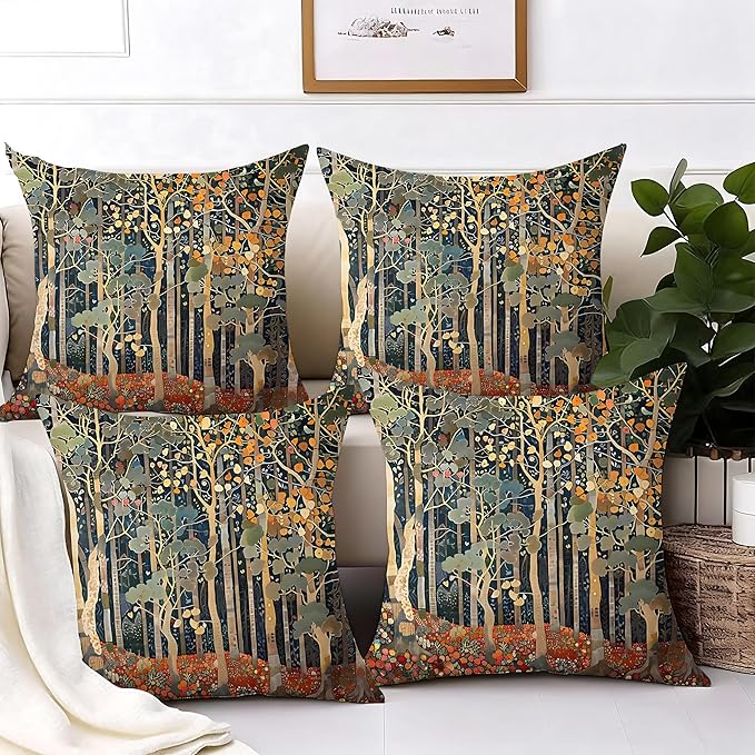 Rustic William Morris Inspired Autumn Forest Decor Pillow Covers 18x18 Set of 4,Fall Home Room Decor, Vintage Botanical Nature Decorative Throw Pillow Covers for Home Bedroom Living Room