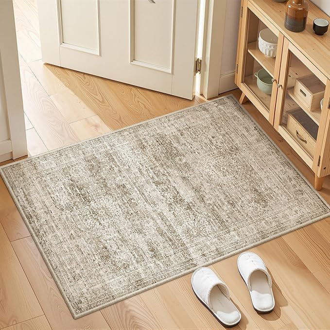 2x3 Washable Rug Runner for Bathroom, Soft Entryway Rug for Laundry Room, Kitchen, Vintage Abstract Hallway Runner for Bedroom, Anti-Slip Door Mat Indoor Entrance(2'x3', Brown/Ivory)