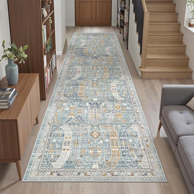 Madane Runner Rug 2'6''x8' Kitchen Runner, Hallway Runner Printed Vintage Washable Rugs Soft Non-Slip Low Pile Runners for Hallways Laundry Room Distressed Carpet, Blue/Gold