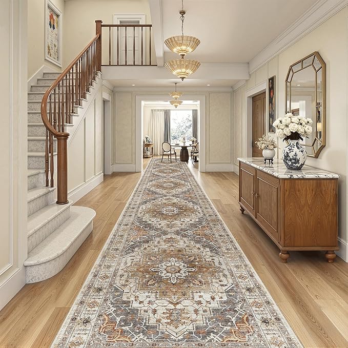Madane 3x20 Hallway Runner Rug - Extra Long Carpet Runners for Hallways 20ft Non Slip Stain Resistant Rugs Runner for Living Room Bedroom 20 Feet Distressed Floor Carpet for Kitchen, Turmeric/Grey