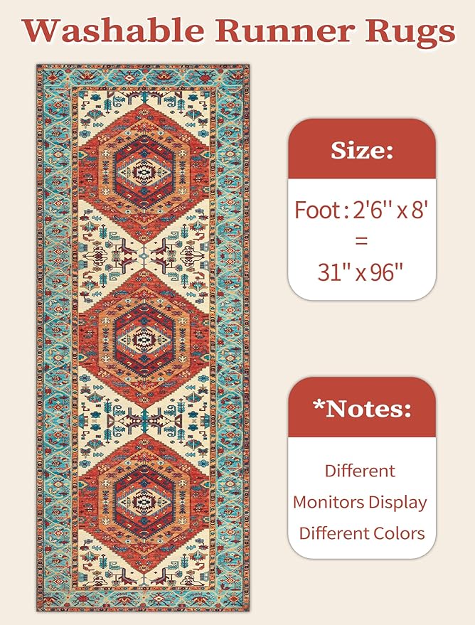 SERISSA Boho Washable Runner Rug, 2'6"x8' Rug Runner Non-Slip Vintage Orange Hallway Kitchen Runner Rug Ultra Soft Print Distressed Tribal Floor Carpet Runner for Bedroom Bathroom Laundry Room